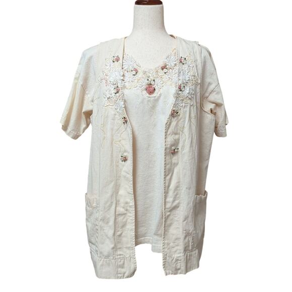 Cactus Tops - Vintage Cactus Ivory Shirt Vest Set Womens L Pearls Beads Embroidered Sequins